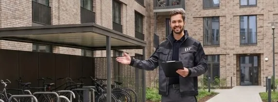 Hauswart mit Klemmbrett in einem Berliner Wohnhof