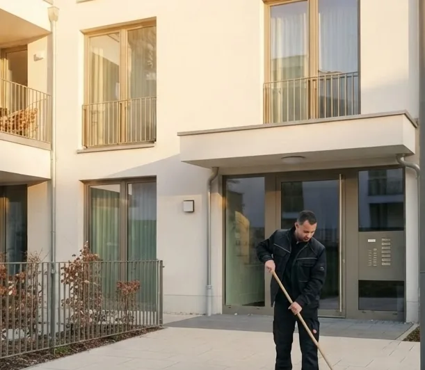 Hauswart fegt den Vorplatz eines Berliner Wohnhauses